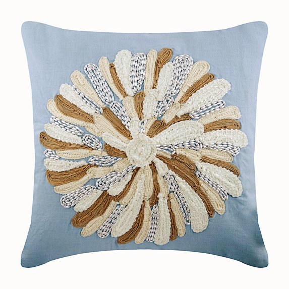 Sofa Cushion Cover, Flower Bud - 12x12 Inches Square Decorative Throw Pillow Cover Light Blue Linen Pillow Cover With Jute and Pearl Beads Embroidery