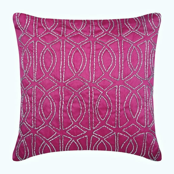 Sofa Cushion Cover, Fuchsia Pink Decorative Zippered Pillow Covers 16x16 inch (40x40 cm), Silk Accent Throw&nbsp;Pillows, Geometric, Trellis, Lattice, Pattern, Beaded - Fuchsia N Silver