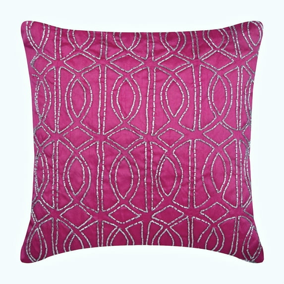 Sofa Cushion Cover, Fuchsia Pink Decorative Zippered Pillow Covers 16x16 inch (40x40 cm), Silk Accent Throw Pillows, Geometric, Trellis, Lattice, Pattern, Beaded - Fuchsia N Silver