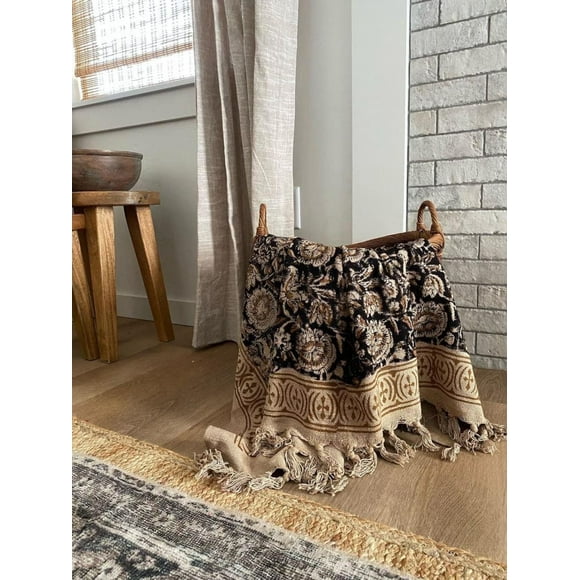 Sofa Décor Room Décor Handmade Throw Handblock print Throw Cotton Throw Blanket Tassels Hand Loomed Block Print Cotton Sofa Throw A And E Textile House