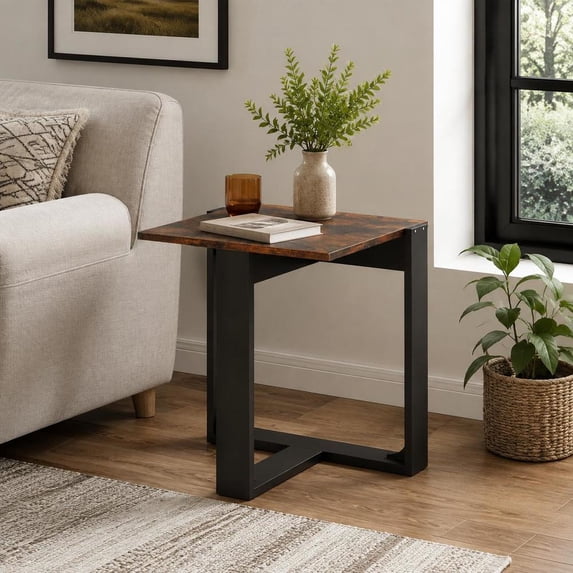 Sofa End Table, T-Shaped Metal Frame Rustic Side Table with Storage for ...