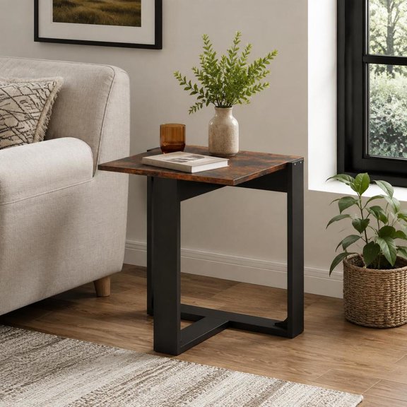 Sofa End Table, T-Shaped Metal Frame Rustic Side Table with Storage for Living Room, Bedroom and Study