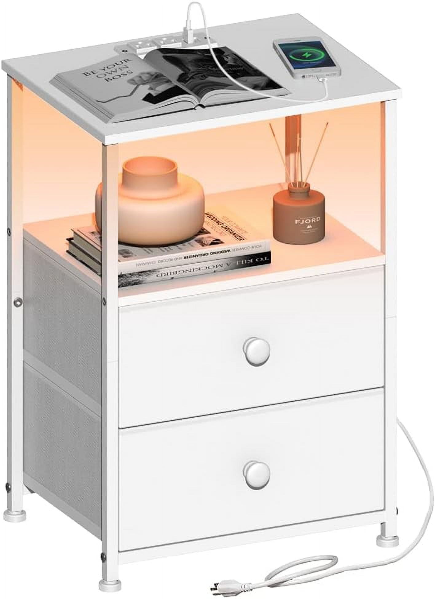 Sofa End Tables with Charging Station LED Light Nightstand Bedroom Bed