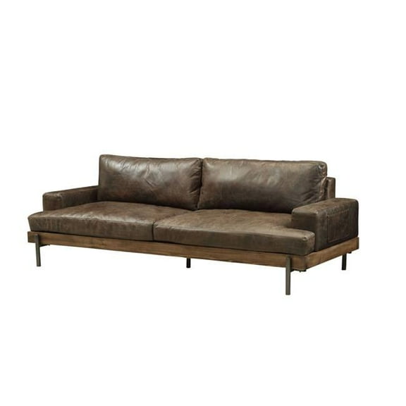 Sofa In Distressed Chocolate Top Grain Leather, Oak Wood Trim