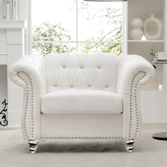 Sofa, Living Room Chairs, Soft Leather Bedroom Chair, Mid Century Modern Sofa Chair, 1 Seater Sofa with Silver Studs Trim and Wooden Legs for Living Room Bed Room Apartment, White