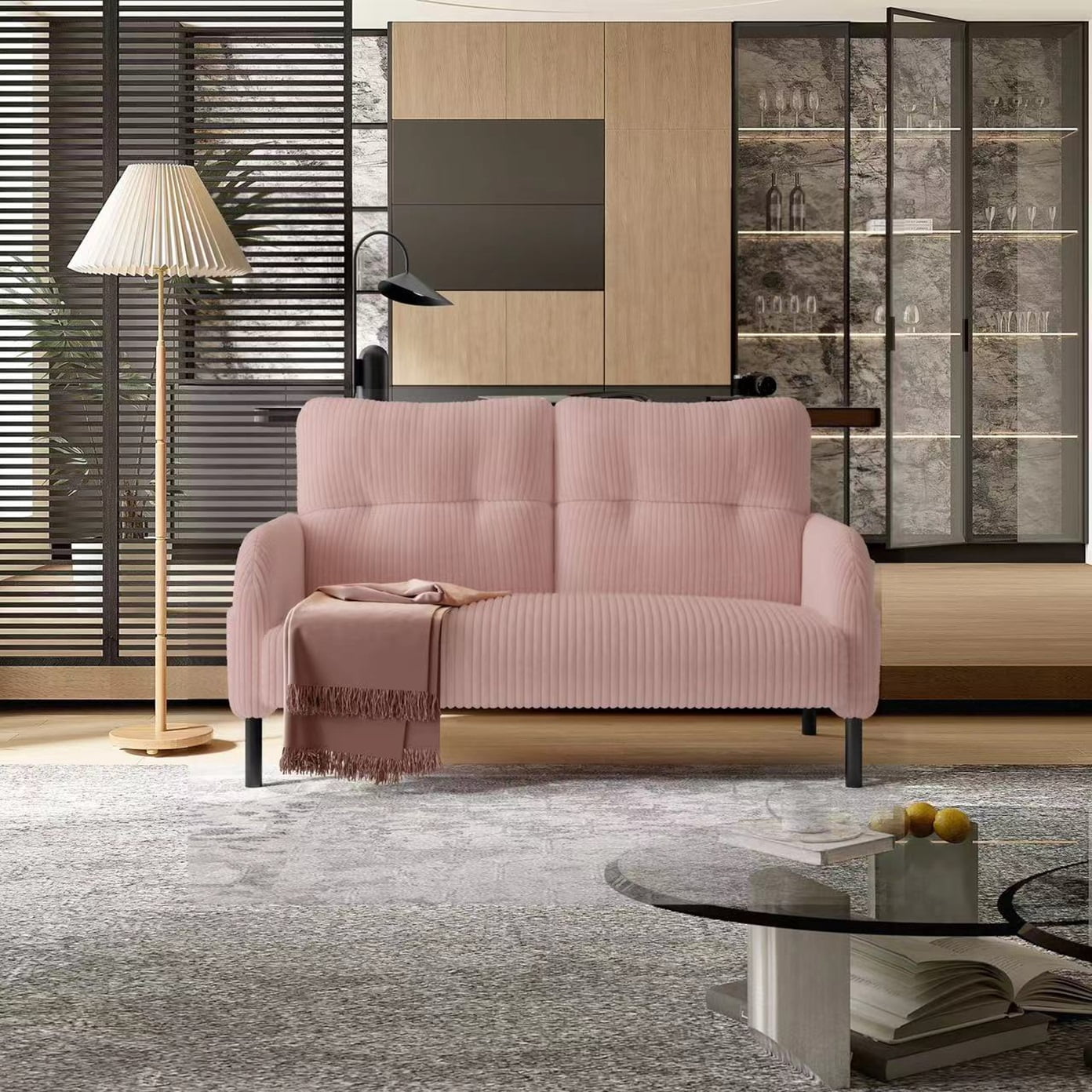 Sofa for Living Room, Corduroy Sofa, Double Seater Sofa with Side Pockets and Ergonomic Support, High Density Foam, Modern Monochrome Design, Pink Corduroy Fabric