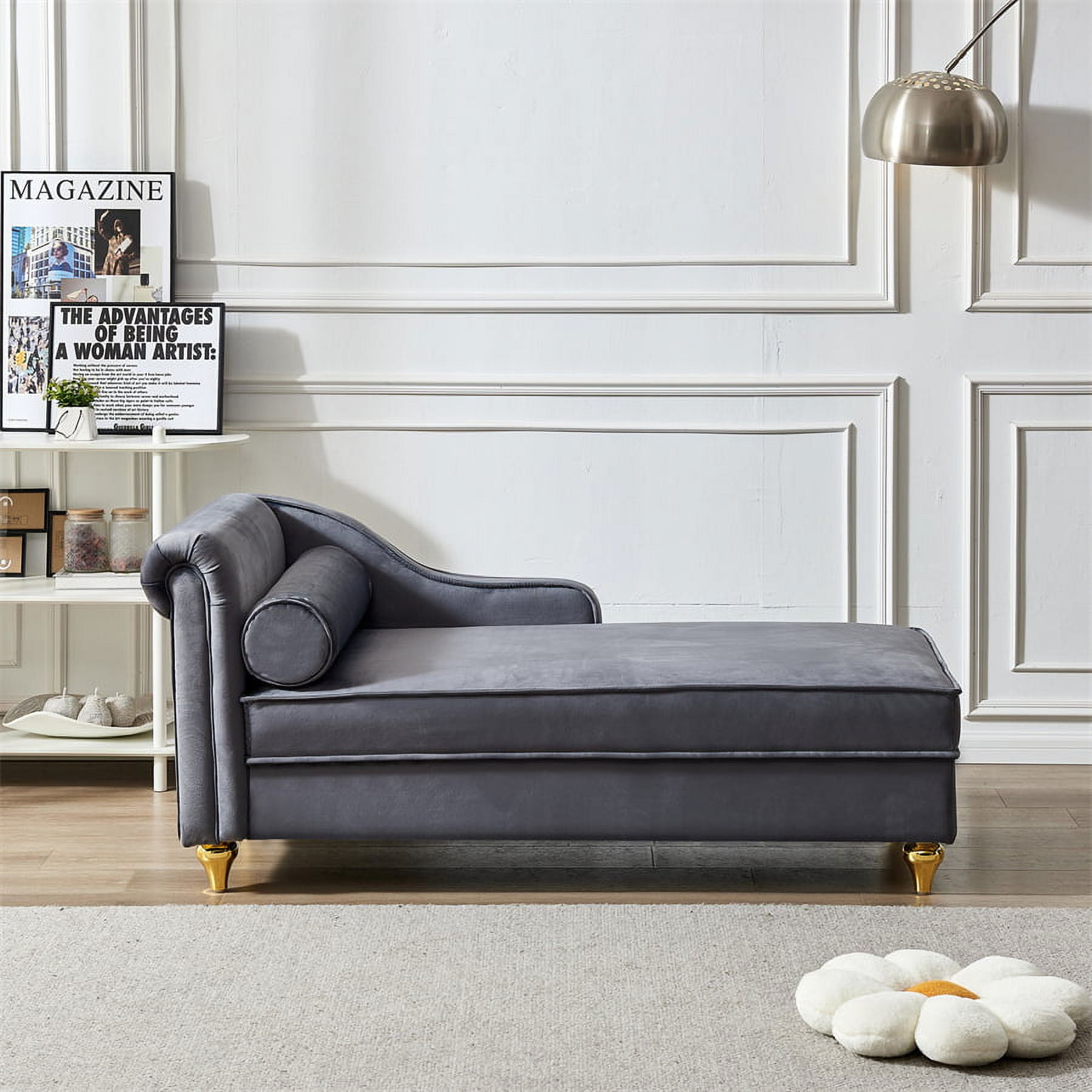 Sofa Lounge Chair with Sturdy Metal Legs Modern Velvet Upholstered Sofa Recliner with Large Storage Functional Indoor Chaise Lounge with One Backrest and Armrest Suitable for Living Room Bedroom Walma...