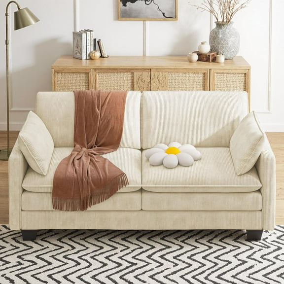 Sofa, Couches for Living Room, Double Layer Cushion Cloud Sofa with Deep Seat & 2 Armrest Pillows for Bedroom Apartment Office, Corduroy Fabric, Beige
