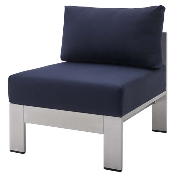 Sofa Middle Chair, Sunbrella, Fabric, Aluminum, Metal, Steel, Silver Blue Navy, Modern Contemporary Urban Design, Outdoor Patio Balcony Cafe Bistro Garden Furniture Hotel Hospitality