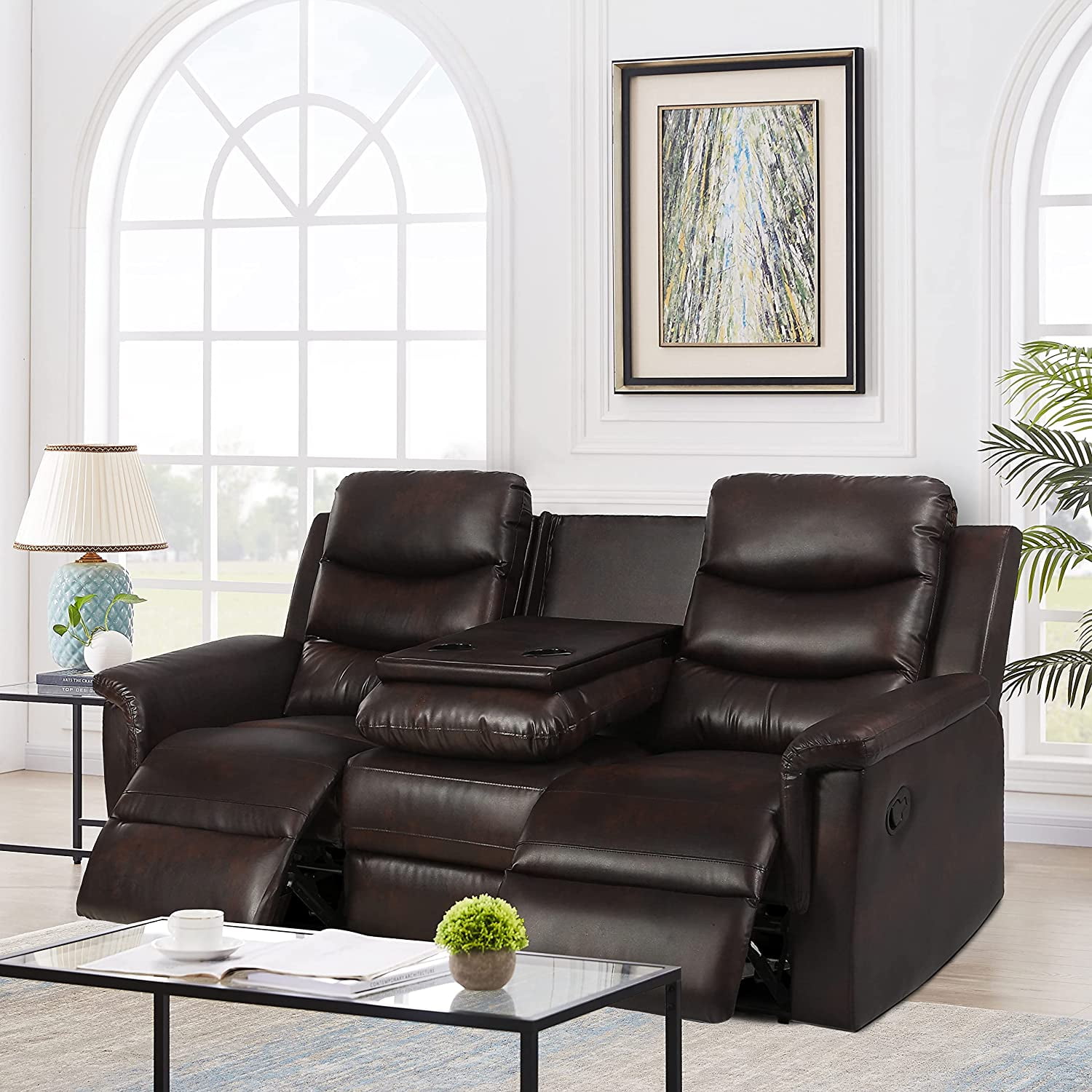 Sofa PU Leather Recliner Loveseat with Console Slate, Sofa Recliner