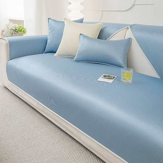 Sofa Pad For Summer,Solid Color Couch Covers Anti-slip,Cooling Sofa Covers For Living Room-Blue-70x150cm(28x59in)