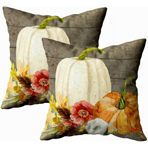 Sofa Pillow Covers, Zippered Pillowcases 18X18Inch 2 Pack Throw Pillow Covers Watercolor White Pumpkin red Poppy Fall Leaf Wood for Home Sofa