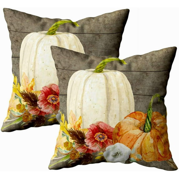 Sofa Pillow Covers, Zippered Pillowcases 18X18Inch 2 Pack Throw Pillow Covers Watercolor White Pumpkin red Poppy Fall Leaf Wood for Home Sofa