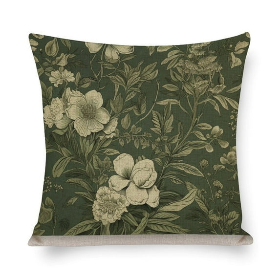 Sofa Pillows Olive Green Botanical Floral Toile Pillows 16"x16" French Country Linen Pillow Cover for Couch Sofa Bed