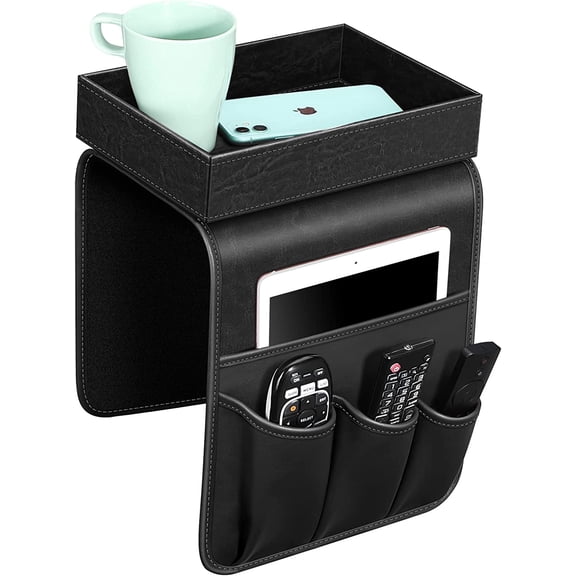 Sofa Remote Control Holder with Detachable Tray - [Non Slip] PU Leather Chair Couch Armrest Organizer Caddy with 5 Pockets for Magazines Phone iPad TV Remote Game Controller Eyeglasses (*Black)