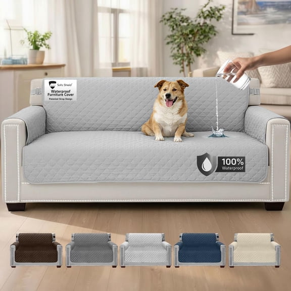 Sofa Shield 100% Waterproof Couch Cover, Patented Slip and Stain Resistant Cushion Protector Straps, US Designed Machine Washable Pet & Dogs Friendly Sofas Slipcover, 70 inch Seat, Light Gray