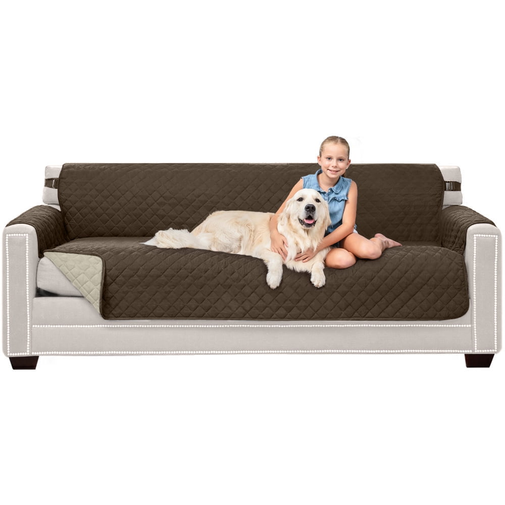 Chocolate Beige Reversible Quilted Sofa Slip Cover with Straps