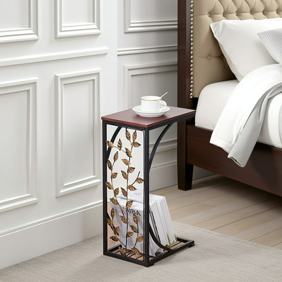 Sofa Side and End Table, Small - Metal, Dark Brown Wood Top With Leaf Design - Perfect for Your Living Room, Slides Up To Sofa/ Chair/ Recliner - Keep Snacks, Drinks Books & Phone At Easy Reach