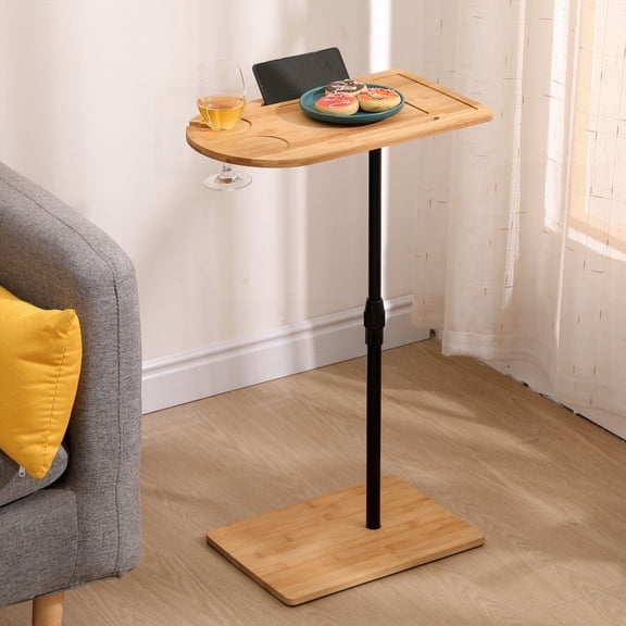 Sofa Side Table - Bamboo C-shaped Oval End Table - Height Adjustable for Bedroom & Living Room