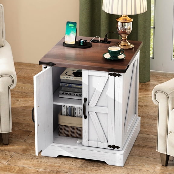 Sofa Side Table | Charge Multiple Devices in Living Room | Rustic Farmhouse Aesthetic with Retro Handles | Store Items Flexibly with Large Cabinet