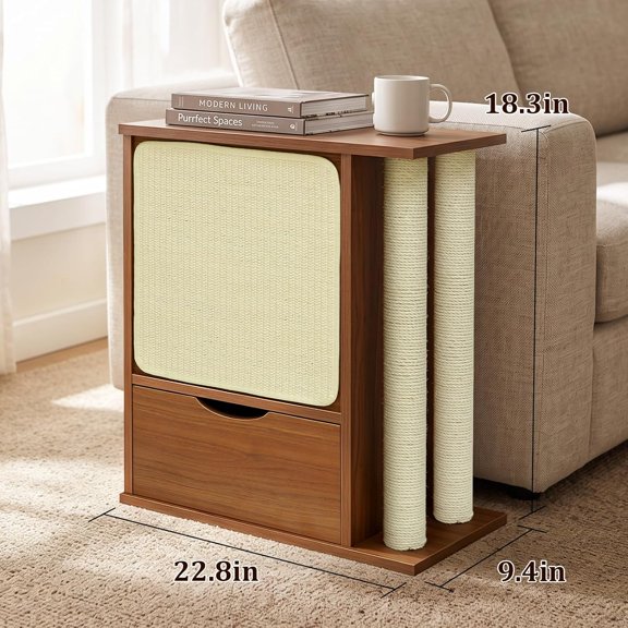 Sofa Side Table with Storage and Cat Scratching Post, Rollback Wood End Table with Sisal Scratching Board, Couch Furniture Protector from Cat Claws for Indoor Cats