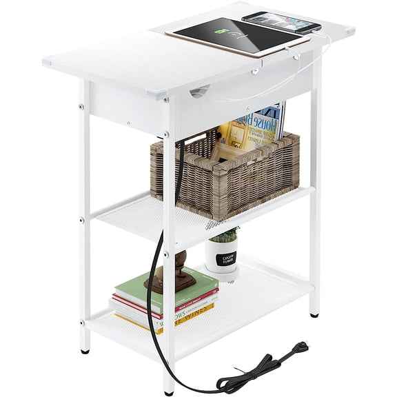 Sofa Side Table with USB Ports and Outlets, Narrow End Table with Storage Shelf for Small Spaces Bedside Nightstand with Charging Station for Living Room, Bedroom White