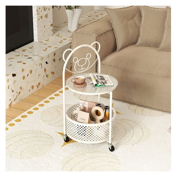 Sofa Side Table with Wheels, Modern End Table with Storage Basket, Living Room Bedroom Small Round Accent Table