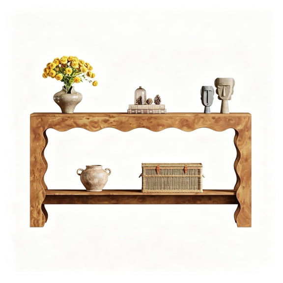 Sofa Table 2 Tier, 63'' Console Table with Storage, Scalloped Curved Entryway Table for Living Room, Decorative Narrow Table for Hallway, Chic Accent Furniture