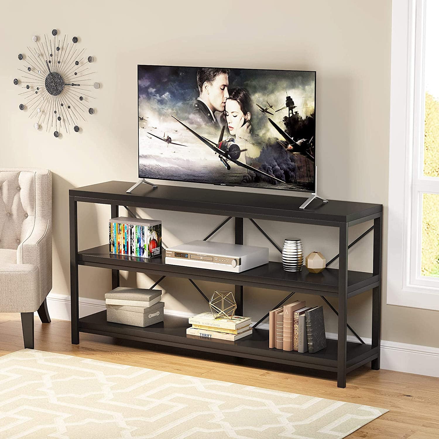 Sofa Table 3 Tiers Sofat Table Narrow Long Sofa Table TV Stand with Shelves for Hallyway Entryway Living Room 55 Inch Black