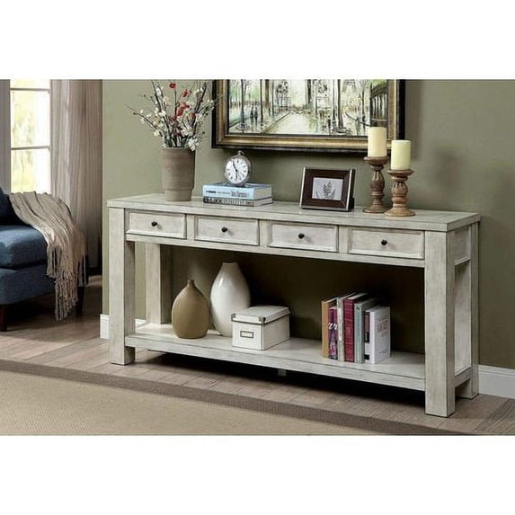 Sofa Table Antique White Rustic Solid Wood Storage Table Open Shelf Bottom Living Room 1Pc Side Table