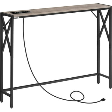 Sofa Table with Charging Station, 39.4” Console Table, Narrow Entryway Table, Slim Hallway Table, Retro Couch Table, for Entrance, Foyer, Living Room, Hallway, Greige CTHG151E01
