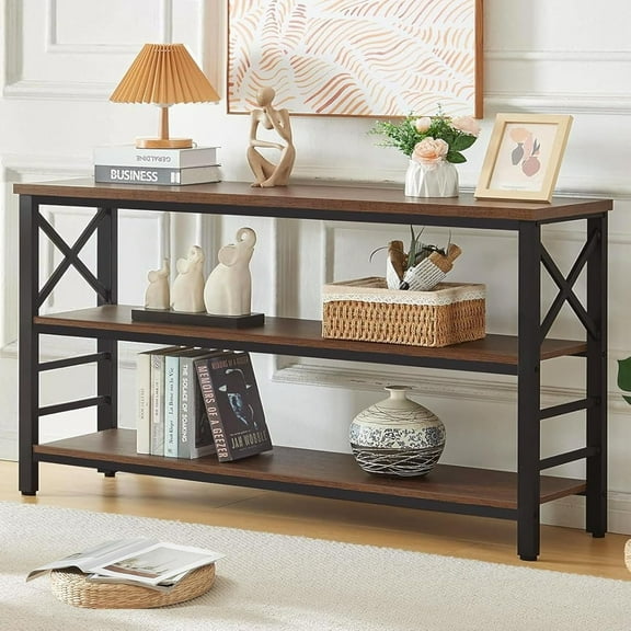 Sofa Table,Industrial Console Table with Storage,Entryway Table with Engineered Wood and Metal,Rustic 3 Tier Shelf for Living Room,Hallway,Brown,55 Inch
