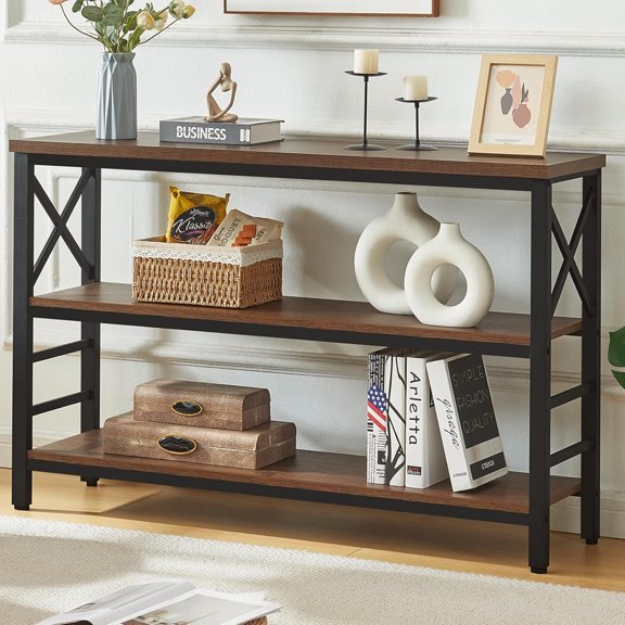 Sofa Table,Industrial Console Table with Storage,Entryway Table with Engineered and Metal,Rustic 3 Tier Shelf for Living Room,Hallway,Brown, Inch