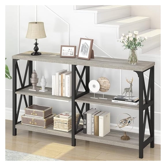 Sofa Table, Modern Metal Wood 3 Tier Entryway Table, Industrial Console Table with Storage Shelves, Foyer Hallway Couch Table Behind Sofa for Living Room, Long Horizontal Bookshelf, Grey Oak, 55in