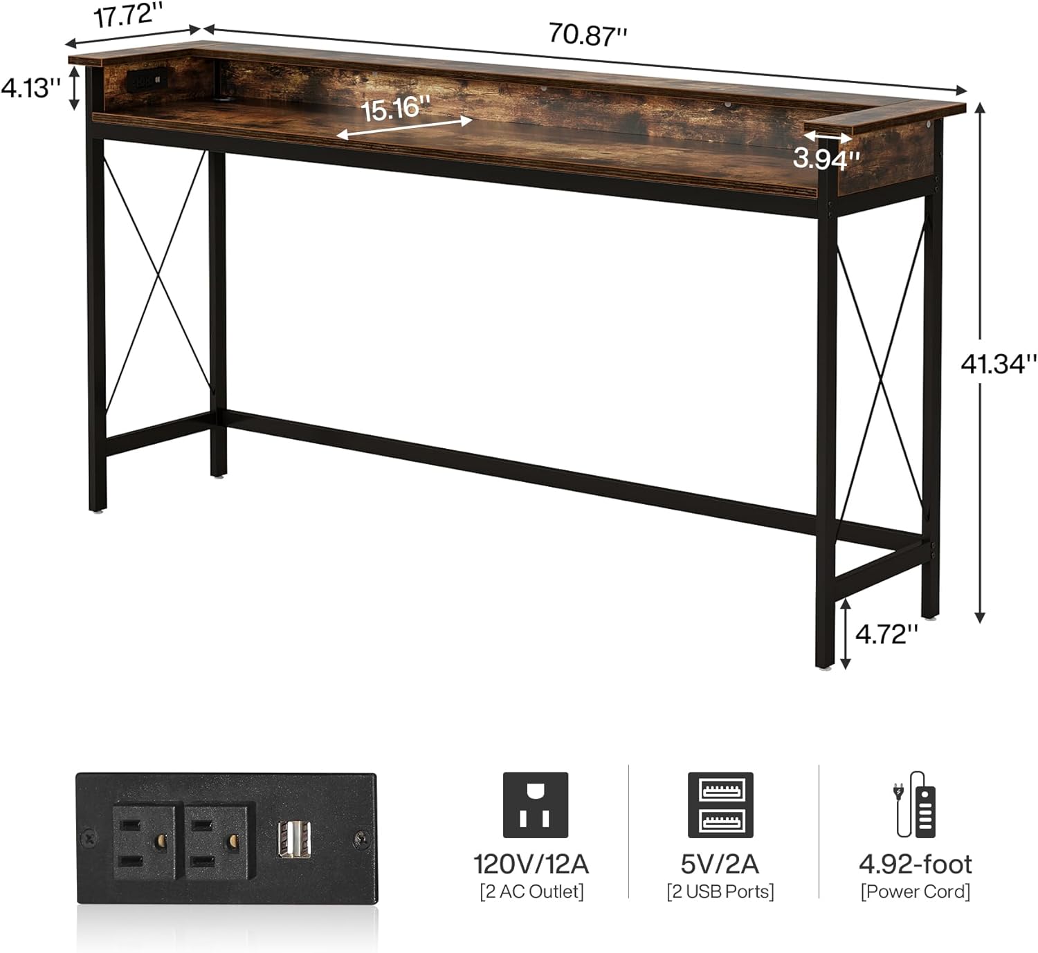 Sofa Table with Outlets and USB Ports, 70.9 inch Long Console Table ...