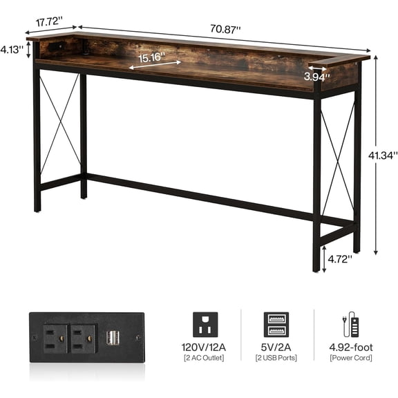 Sofa Table with Outlets and USB Ports, 70.9 inch  Long Console Table Behind Couch with Charging Station, Industrial Narrow Entryway Hallway Accent Table for Living Room