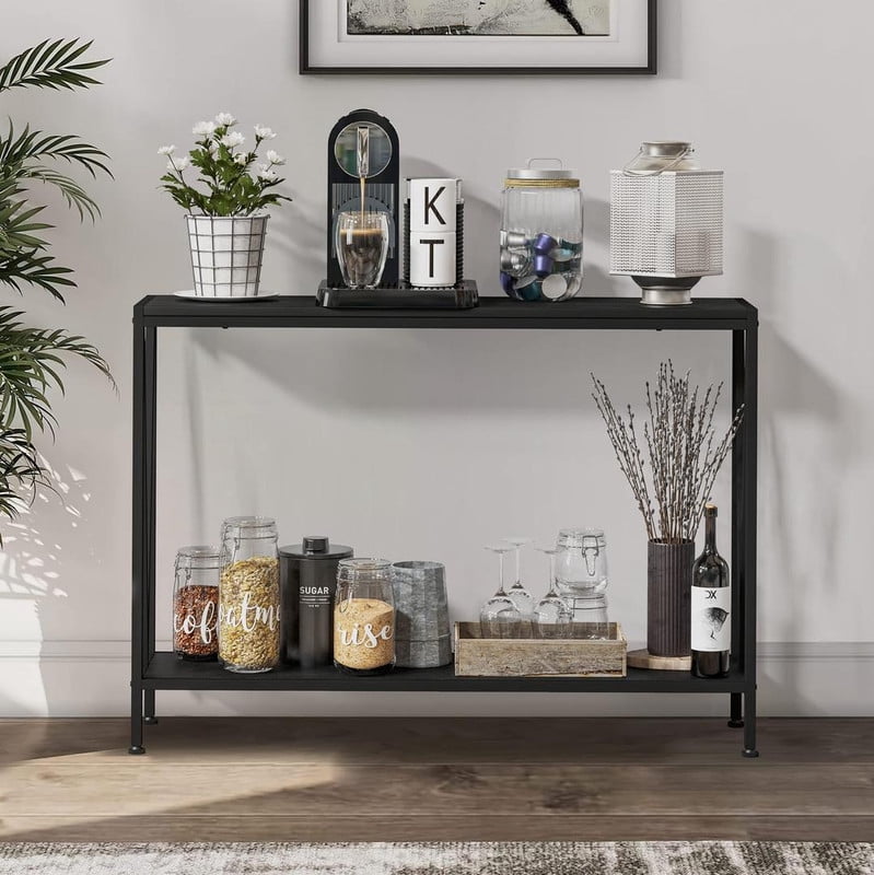 Sofa Table with Storage, 2-Tier Narrow Console Table with Shelves, Industrial Entryway Table for Living Room/Hallway/Foyer, Metal Frame V-Design Accent Furniture