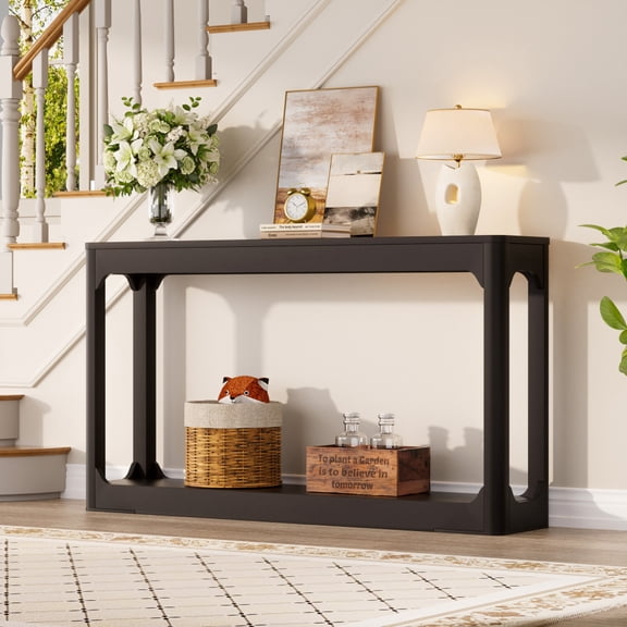 Sofa Table for Behind Couch, 55 Inch Narrow Console Table with Curved Legs and Open Shelf, Slim Entryway Hallway Table for Living Room, Black