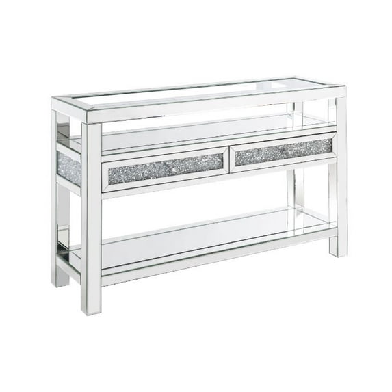 Benjara Sofa Table with Mirror Framing and Faux Diamonds Insert, Silver