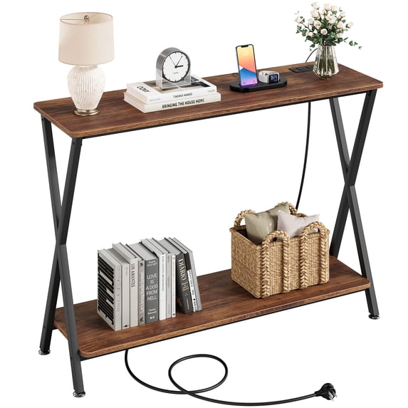 Sofa Tables, Console Table Narrow Entryway Table with Outlet, Shelf and Metal Frame, 41.3” Behind Couch Table Industrial Hallway Table for Living Room, Bedroom, Foyer, Brown
