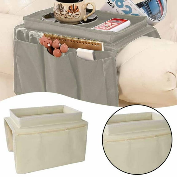 Sofa Tray Table Clip on Side Table, Foldable Sofa Arm Table Detachable Armrest Tray for Eating and Drink (Beige), 12.20x7.48x7.08"
