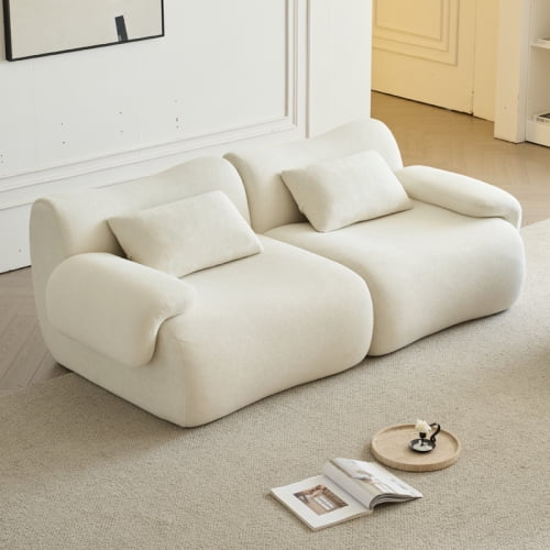 Sofa in a Box, 2-Seater Memory Foam Couch with Deep Seat, No Assembly Required Compression Sofa for Living Room, Apartment, Small Space, Beige+White