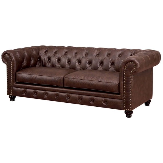 Sofa with Button Tufted Backrest and Rolled Design Arms, Brown