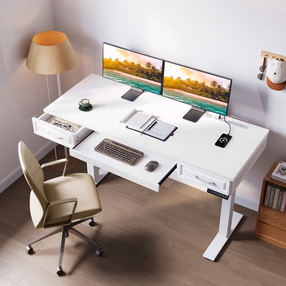 Sofanext 47" Electric Height Adjustable Standing Desk with 2 Wooden Drawers, Keyboard Tray & Power Outlets, Sit-Stand Computer Desk with Memory Presets for Home Office, White