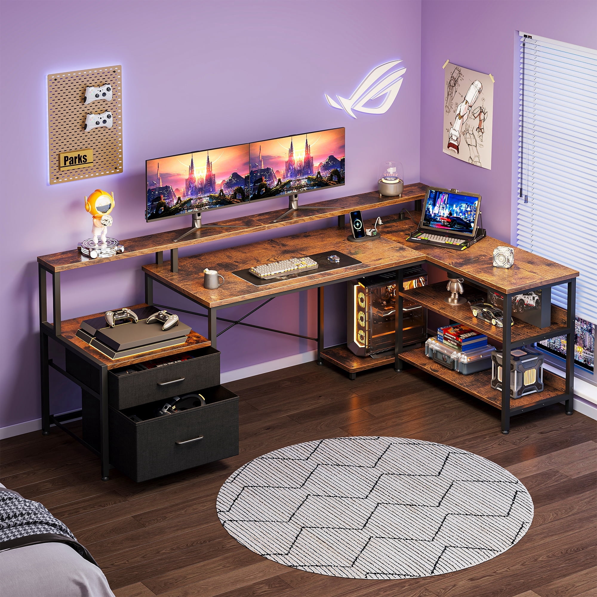 Casacomoda 68 inch L Shaped Desk with Power Outlets,Gaming Desk with Monitor Shelf,Computer Desk with File Drawer,Home Office Desk with Printer Stand & Storage Shelves,Corner Desk,Vintage