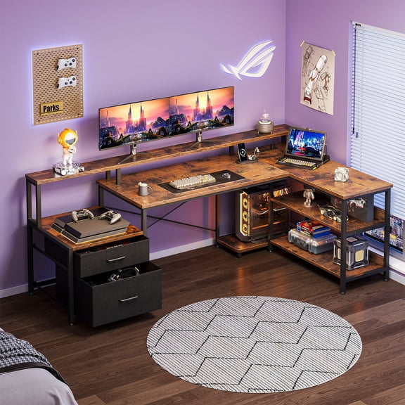 Casacomoda 68 inch L Shaped Desk with Power Outlets,Gaming Desk with Monitor Shelf,Computer Desk with File Drawer,Home Office Desk with Printer Stand & Storage Shelves,Corner Desk,Vintage