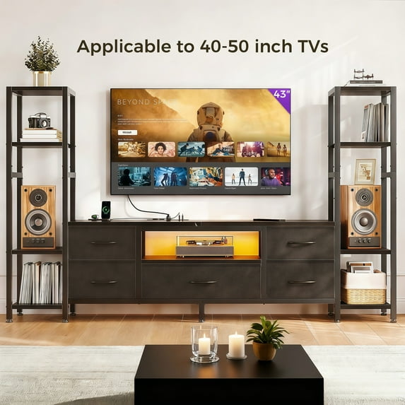 Casacomoda 71" LED TV Stand with Power Outlets for 40/43/50 inch TV, Entertainment Center with 5 Fabric Drawers & Open Shelf Storage for Living Room/Bedroom,Black