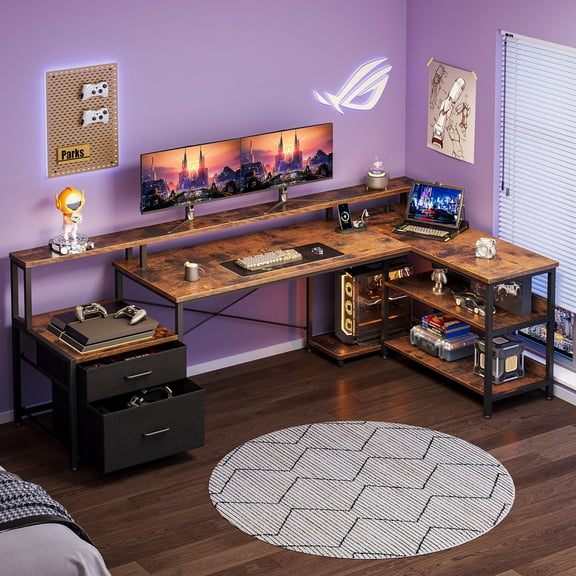 Casacomoda 75 inch L Shaped Desk with Power Outlets,Gaming Desk with Monitor Shelf,Computer Desk with File Drawer,Home Office Desk with Printer Stand & Storage Shelves,Corner Desk,Vintage