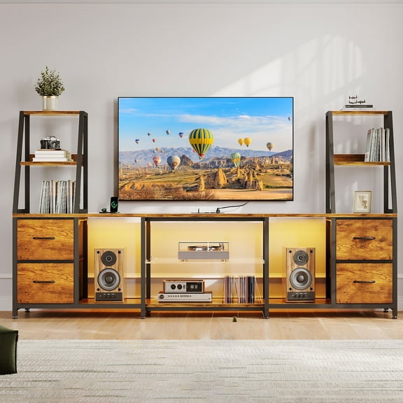 Casacomoda TV Stand for up to 65 Inch TV, 87" Entertainment Center with Power Outlets & LED Lights, Modern Media Console with Glass Shelf & 4 Fabric Drawers for Living Room Bedroom, Vintage