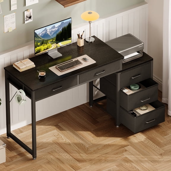Casacomoda Computer Desk with 5 Drawers, Reversible Home Office Desks with Printer Stand, Study Writing Table Workstation for Small Spaces, Black